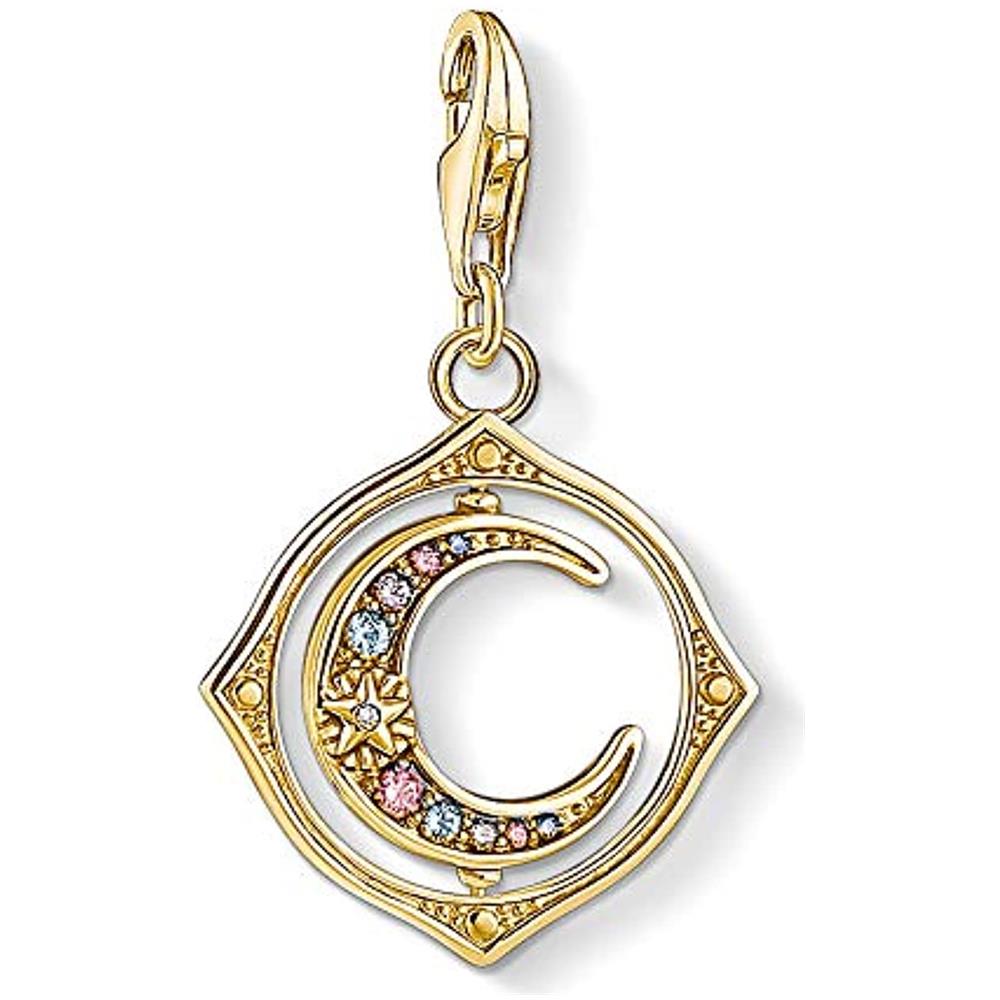 Ciondolo In Argento Sterling Placcato Oro Con Zirconi E Pietra Di Vetro E Spinello Sintetico, Luna, Oro - Foto 1