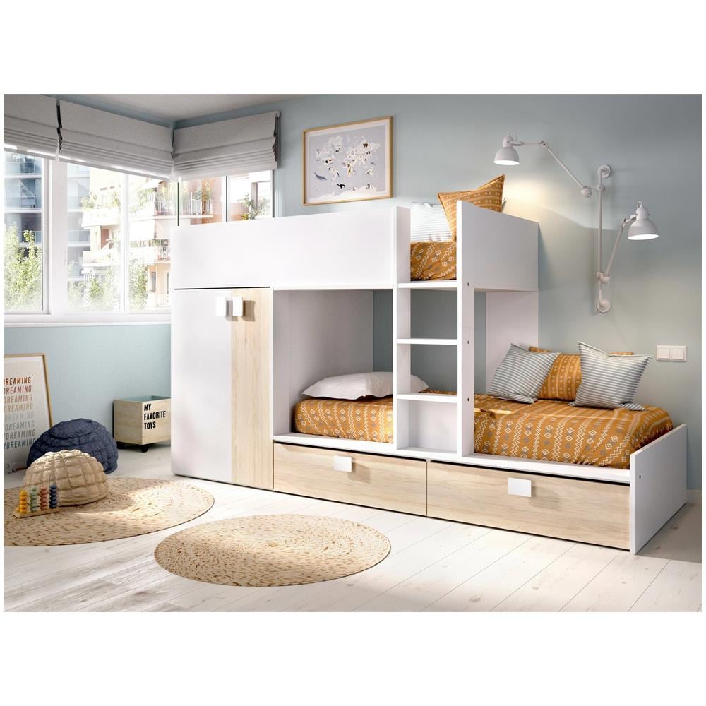 Letto Per Bambini Breithorn, Cameretta Completa Con Armadio E Cassetti, Composizione Letto A Castello Con Due Lettini Singoli, 275x108h150 Cm, Bianco E Rovere - Foto 1