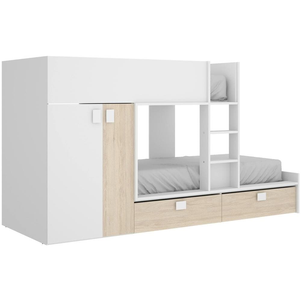 Letto Per Bambini Breithorn, Cameretta Completa Con Armadio E Cassetti, Composizione Letto A Castello Con Due Lettini Singoli, 275x108h150 Cm, Bianco E Rovere - Foto 2