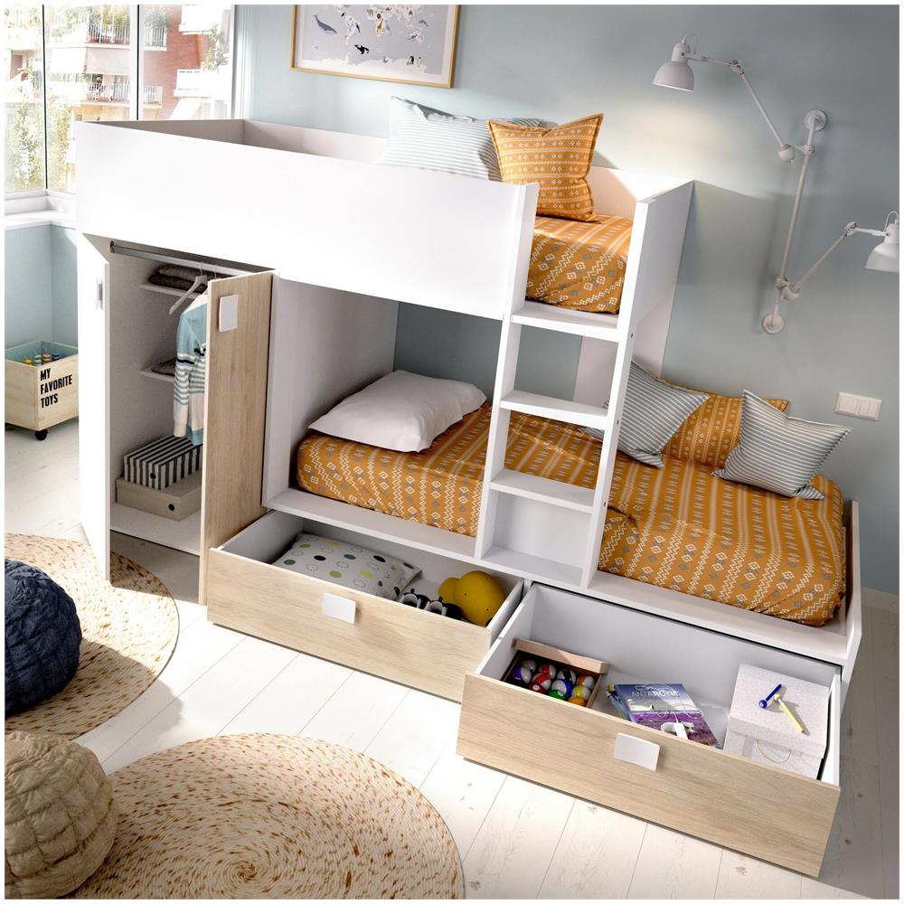 Letto Per Bambini Breithorn, Cameretta Completa Con Armadio E Cassetti, Composizione Letto A Castello Con Due Lettini Singoli, 275x108h150 Cm, Bianco E Rovere - Foto 4