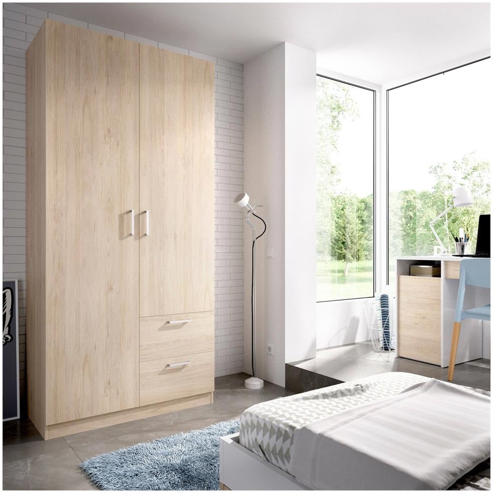 Guardaroba Velino, Mobile Appendiabiti Per Camera Da Letto, Armadio A 2 Ante Battenti E 2 Cassetti, 100x52h215 Cm, Rovere - Foto 1