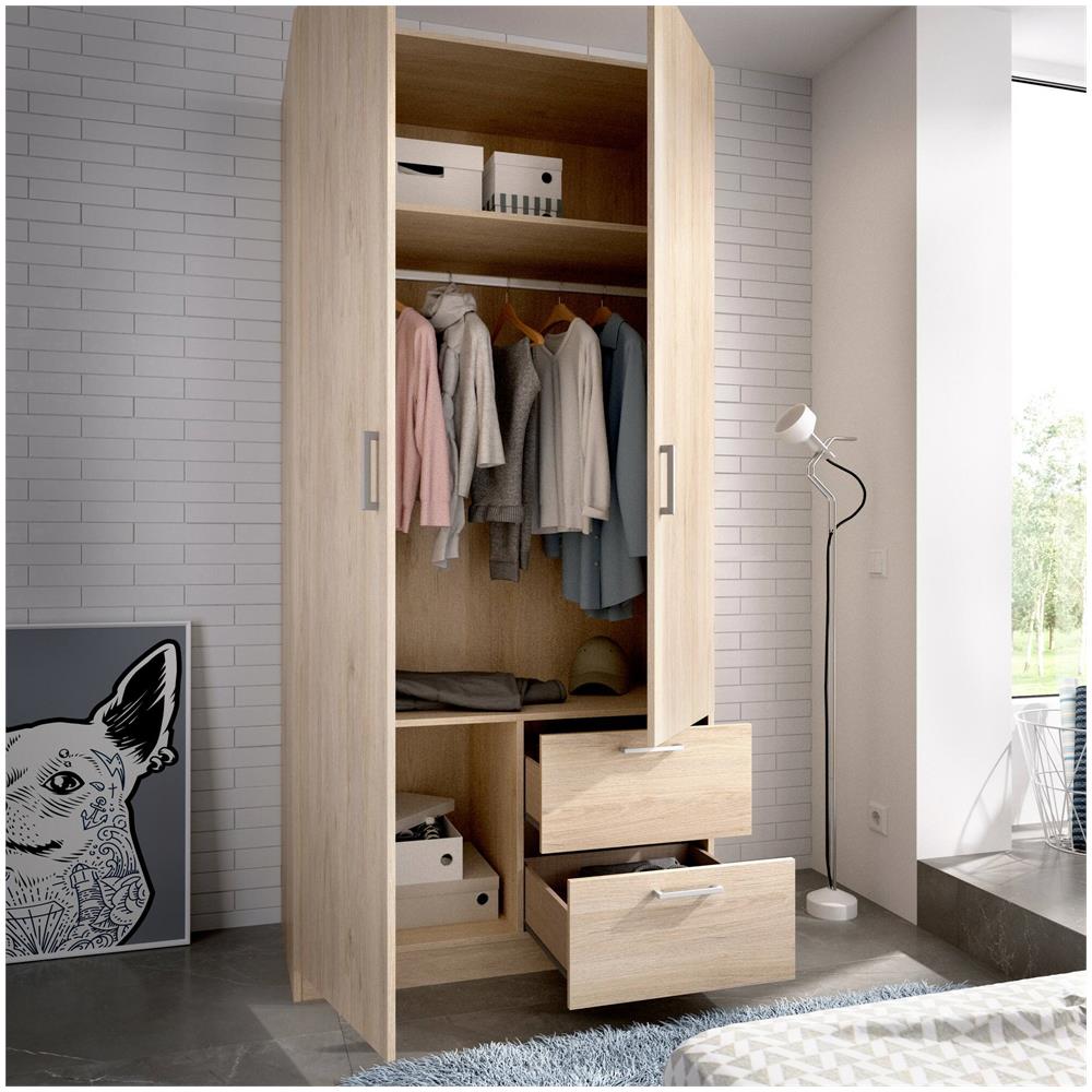 Guardaroba Velino, Mobile Appendiabiti Per Camera Da Letto, Armadio A 2 Ante Battenti E 2 Cassetti, 100x52h215 Cm, Rovere - Foto 4
