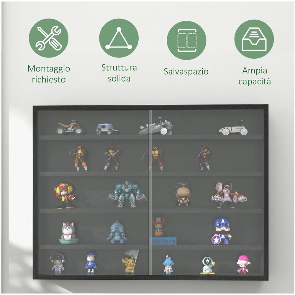 Vetrina a 5 Livelli a Muro con Ripiani Regolabili, in in Vetro e Truciolato, 80x9.5x60 cm, Nero - Foto 6