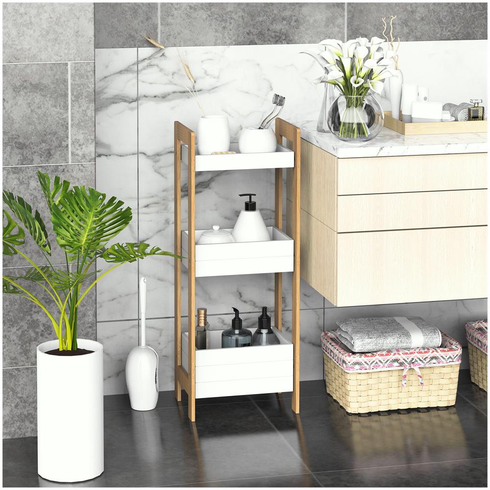 Mobiletto Bagno Multiuso Scaffale A 3 Ripiani Compatto In Legno Mdf E Bambù, Bianco, 27.5x20.8x74cm - Foto 2