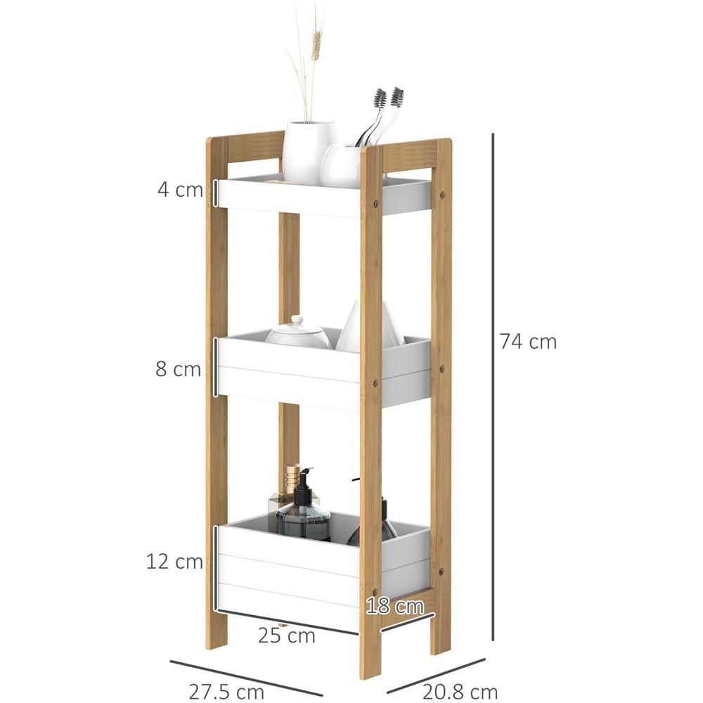 Mobiletto Bagno Multiuso Scaffale A 3 Ripiani Compatto In Legno Mdf E Bambù, Bianco, 27.5x20.8x74cm - Foto 3