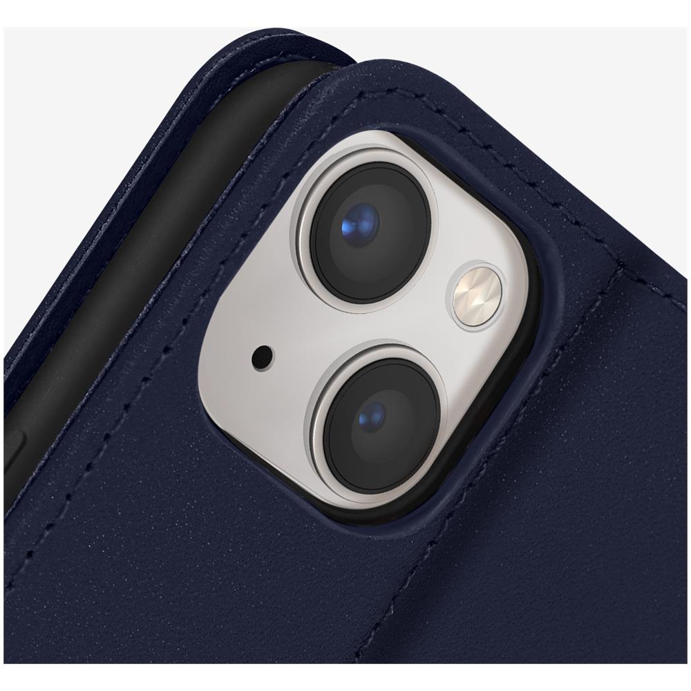Custodia Vera Pelle Per Iphone 13 Mini Portacarte E Supporto Video Blu Scuro - Foto 5