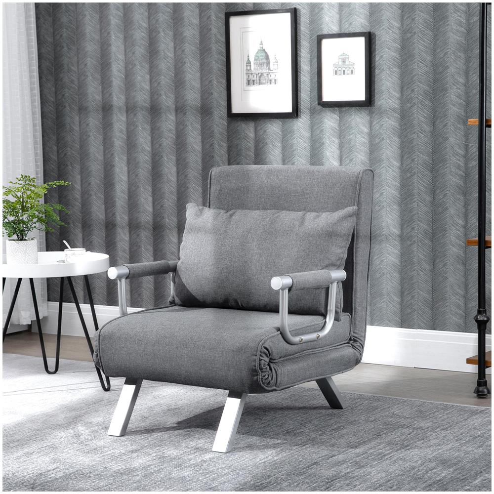 Poltrona Letto Singolo con Schienale Regolabile a 5 Livelli e Cuscino in Tessuto, Grigio Chiaro - Foto 2