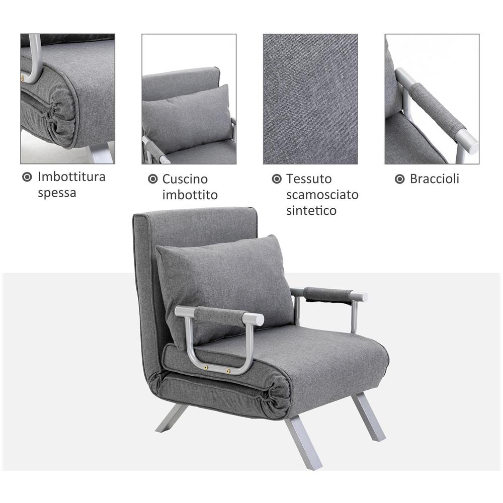 Poltrona Letto Singolo con Schienale Regolabile a 5 Livelli e Cuscino in Tessuto, Grigio Chiaro - Foto 6
