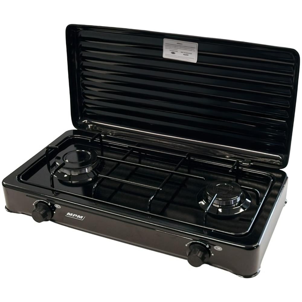 Kn-02/1kb Fornello A Gas Portabile Da Campeggio, 2 Fuochi, Coperchio Rimovibile Nero - Foto 1