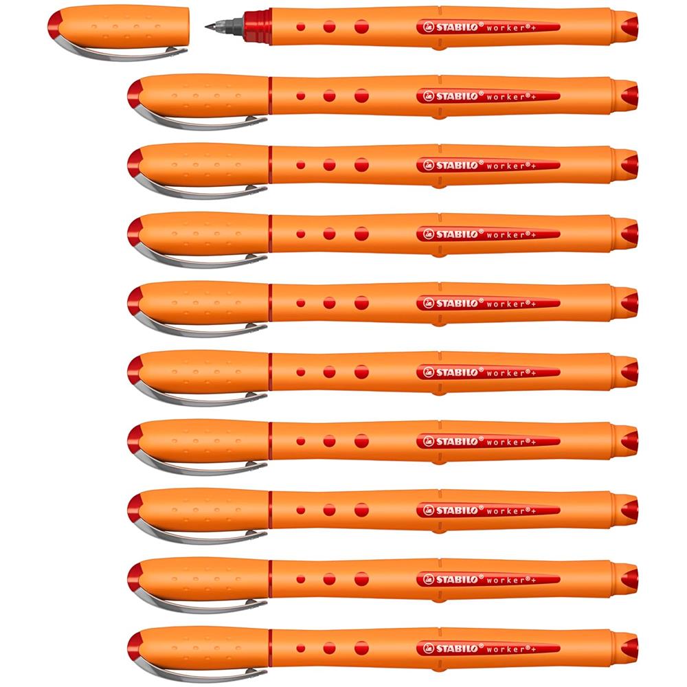 worker+ fine - Penna Roller - Tratto 0,3 mm - Confezione da 10 - Rosso - Foto 1