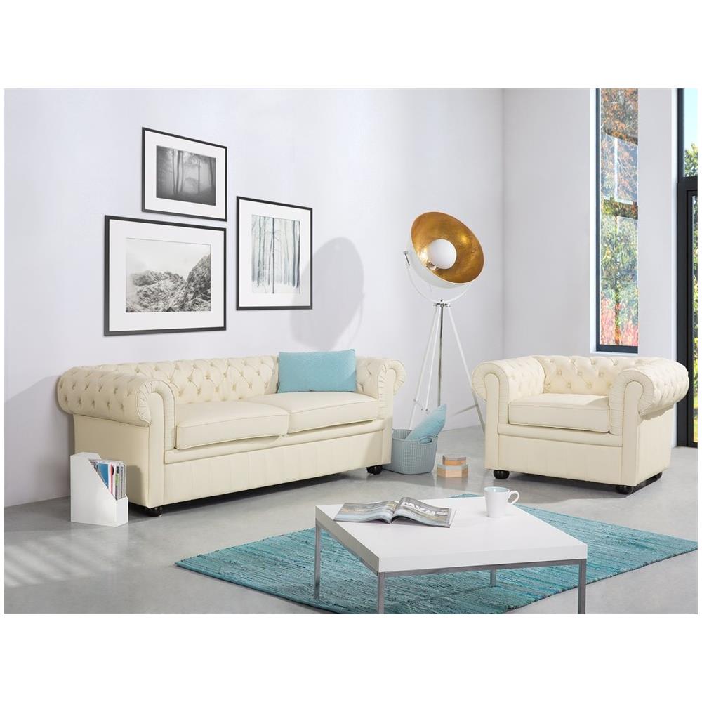Divano Vintage A 3 Posti In Pelle Beige Chesterfield - Foto 2
