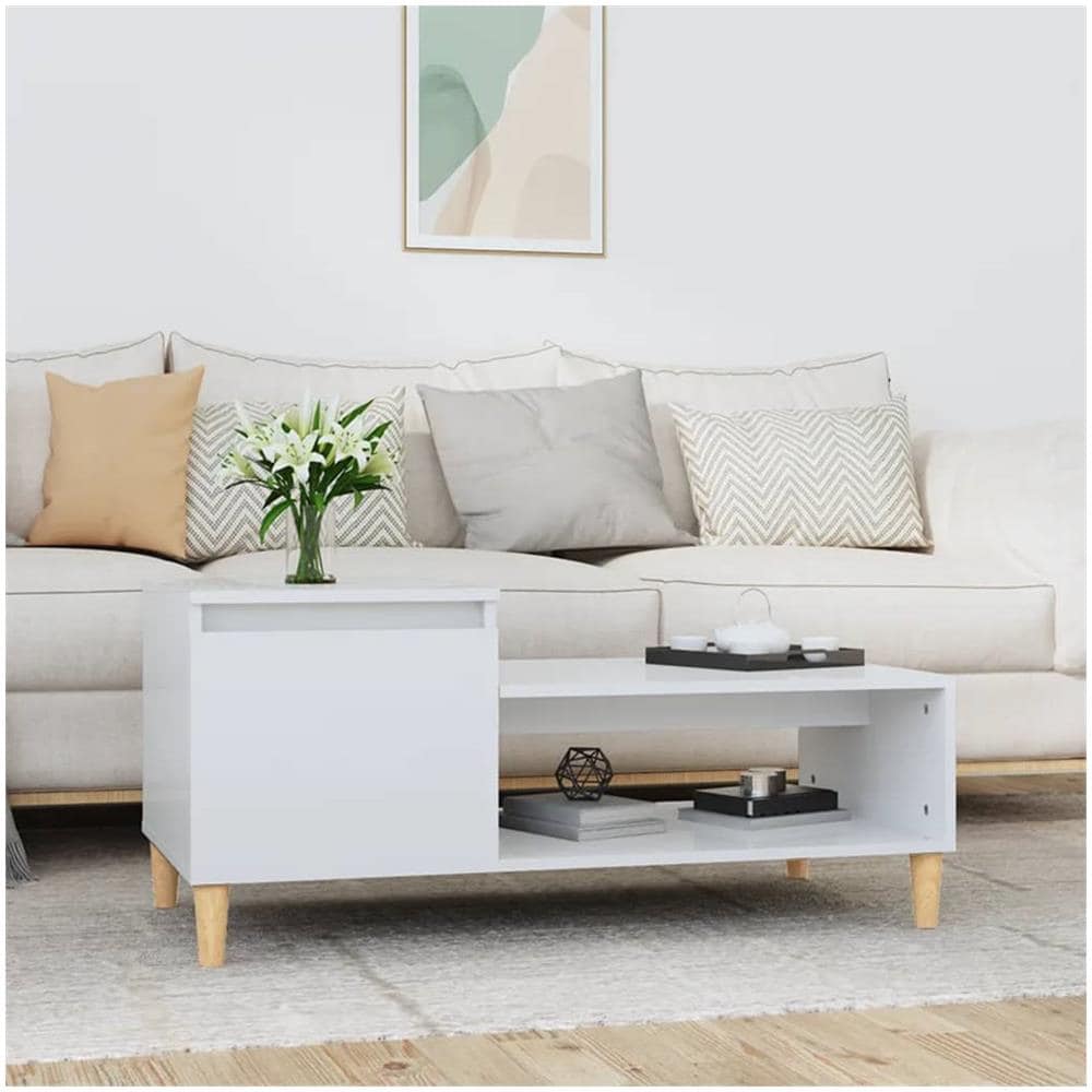 Tavolino Da Salotto Bianco Lucido 100x50x45cm Legno Multistrato - Foto 1