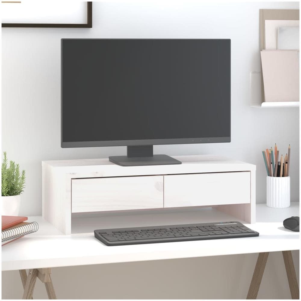 Supporto Per Monitor Bianco 50x27x15 Cm Legno Massello Di Pino - Foto 1