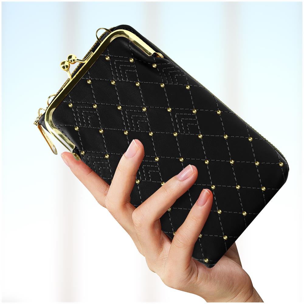 Pochette A Tracolla Per Smartphone Trapuntata Effetto Rombi Borchie Dorate Nera - Foto 2
