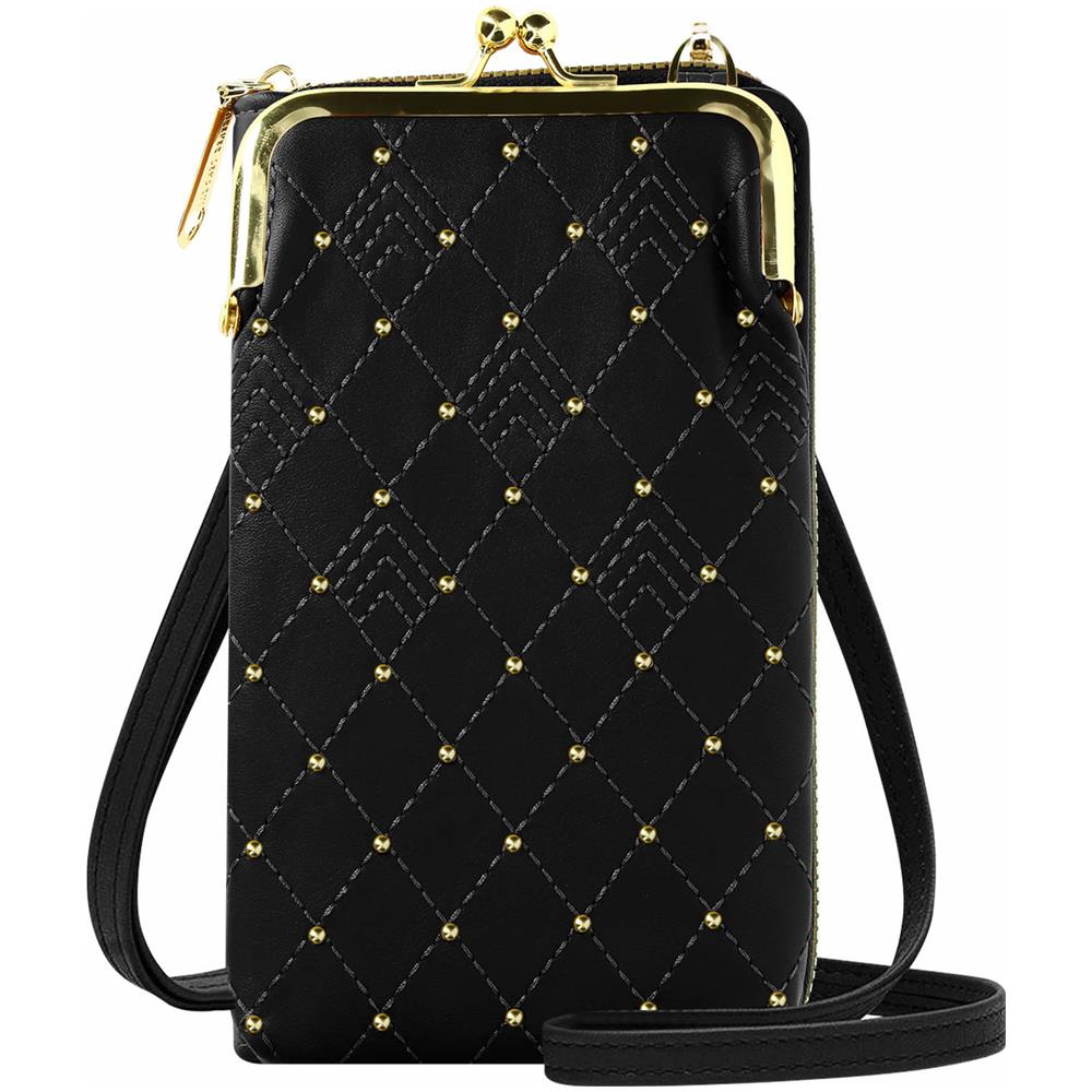 Pochette A Tracolla Per Smartphone Trapuntata Effetto Rombi Borchie Dorate Nera - Foto 1