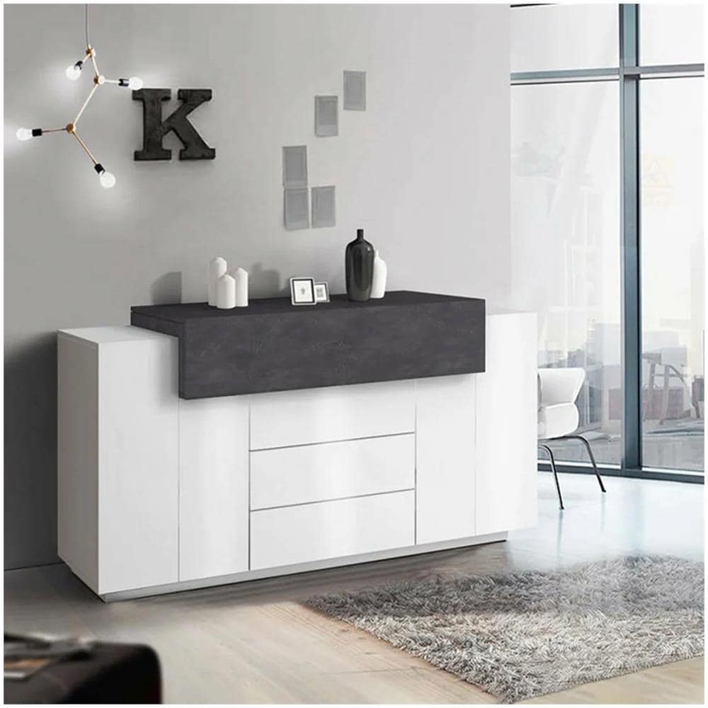 Credenza Milo, Madia Da Cucina A 3 Ante E 3 Cassetti, Buffet Da Soggiorno, 100% Made In Italy, Cm 160x45h86, Bianco Lucido E Ardesia - Foto 1