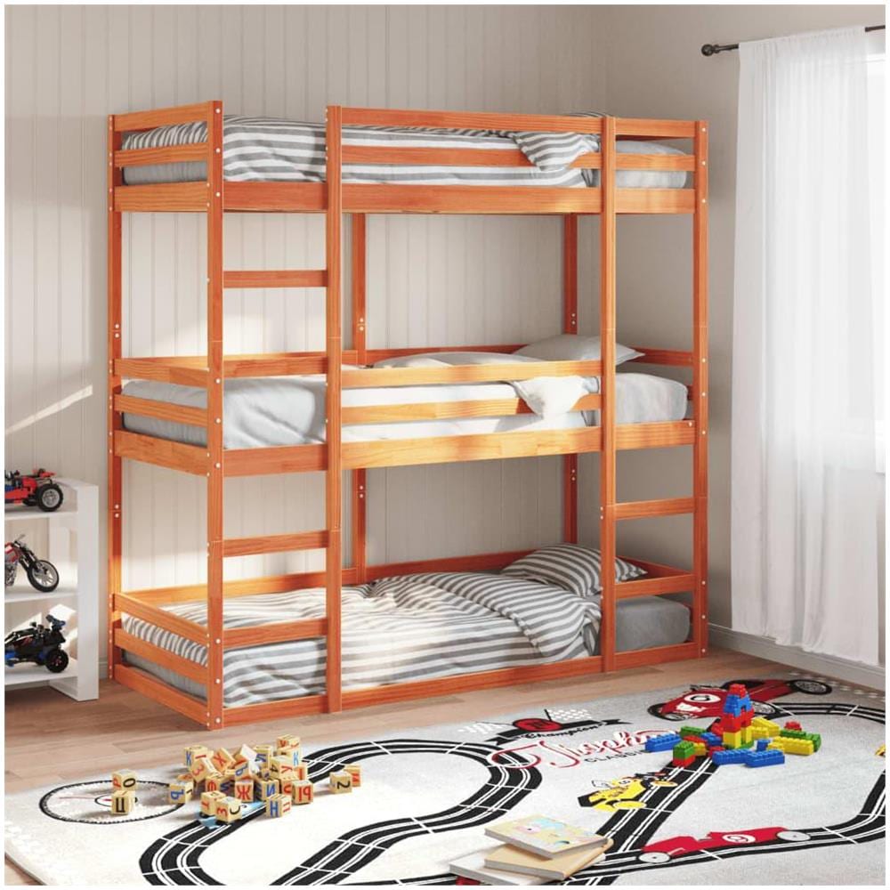 Letto Castello Triplo Marrone Cera 90x190cm Legno Massello Pino - Foto 2