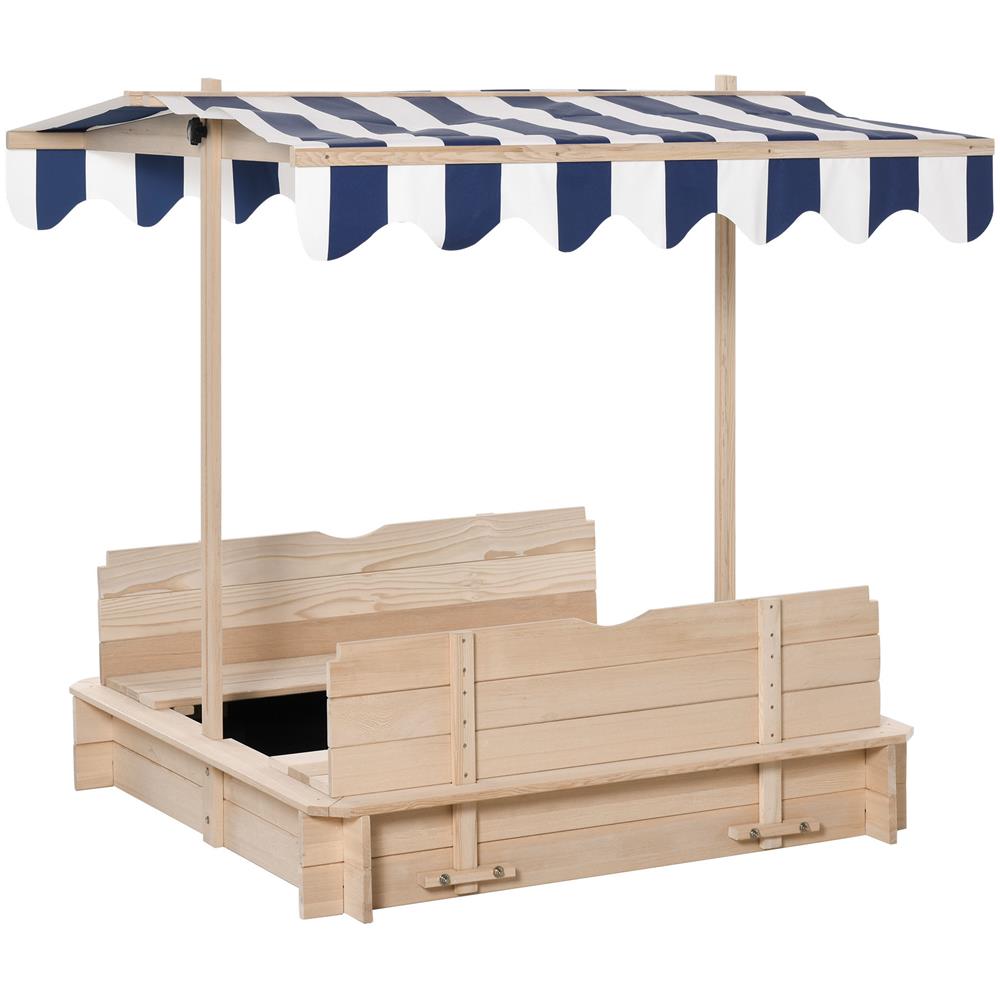 Sabbiera Per Bambini In Legno Con Tettuccio Parasole, Panca E Coperchio, 106x106x121cm Bianco E Blu - Foto 1