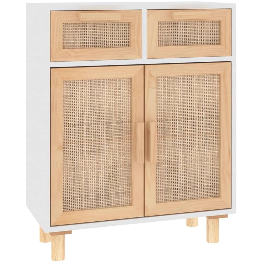 Credenza Bianca 60x30x75 Cm Legno Massello Pino Rattan Naturale - Foto 2