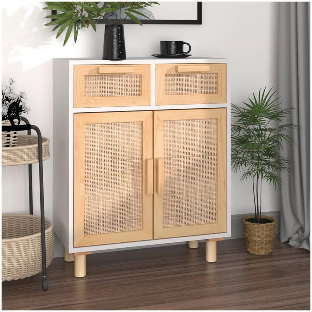 Credenza Bianca 60x30x75 Cm Legno Massello Pino Rattan Naturale - Foto 1