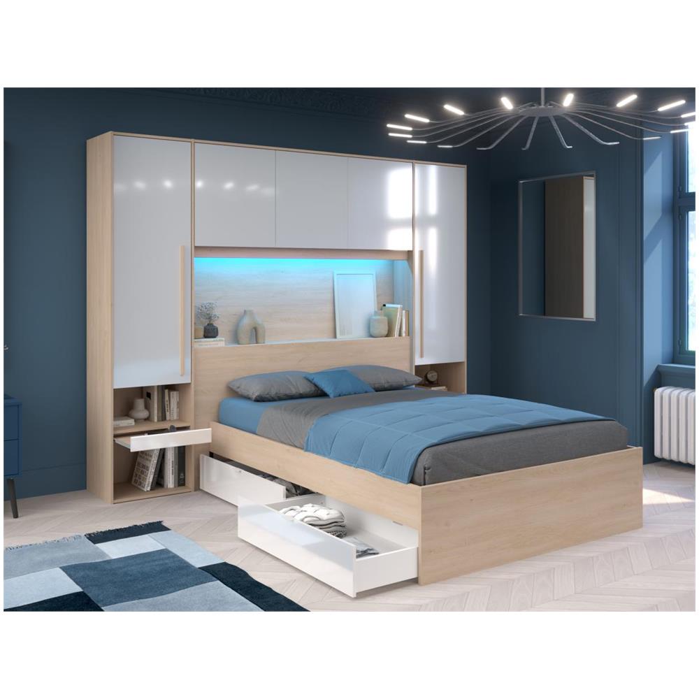 Letto con vani portaoggetti 140 x 190 cm con LED Naturale e Nero + Rete