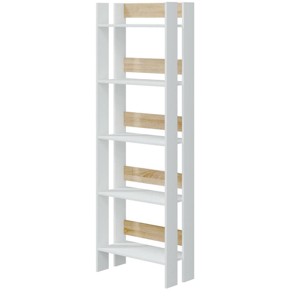 Libreria Haruki, Scaffale Da Ufficio A 5 Ripiani, Mobile Portalibri, Biblioteca, 57x27h170 Cm, Bianco Lucido E Rovere - Foto 2