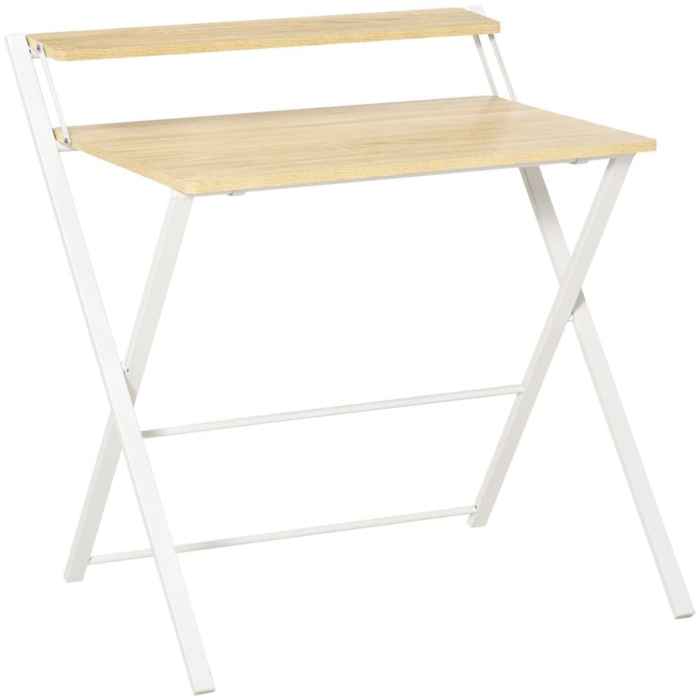 Scrivania Pieghevole Salvaspazio Con Mensola Superiore Per Camera E Ufficio, 81.5x70x84cm, Color Legno E Bianco - Foto 1