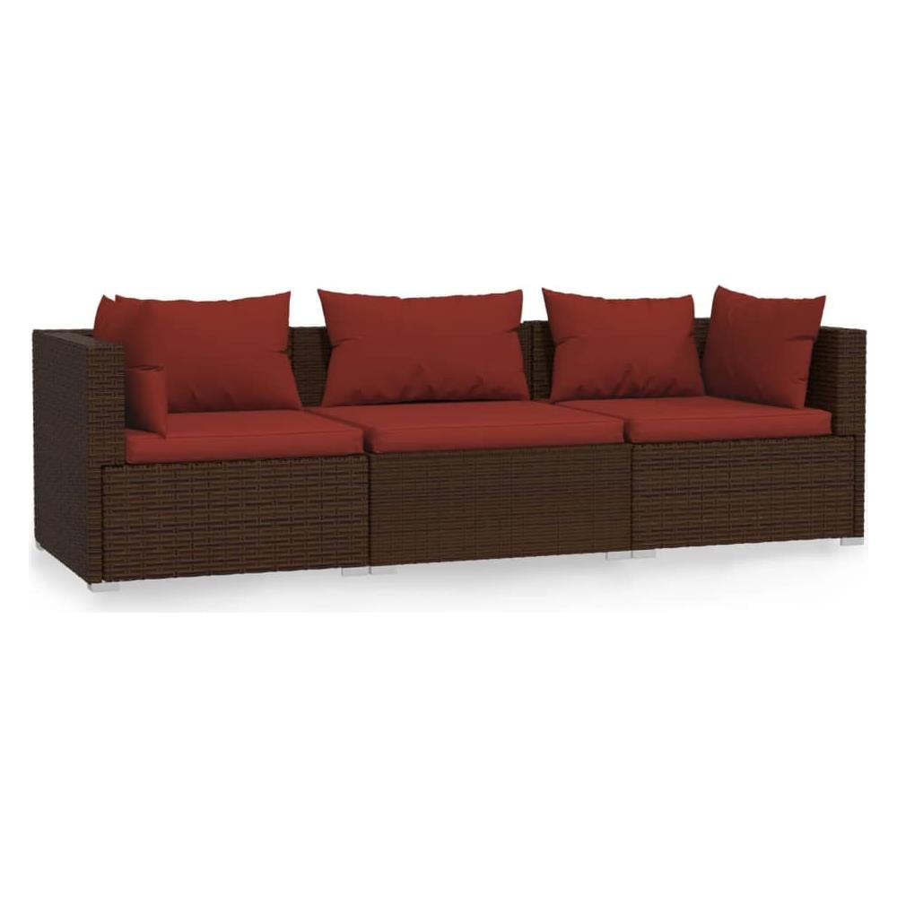 Divano A 3 Posti Con Cuscini In Polyrattan Marrone - Foto 1