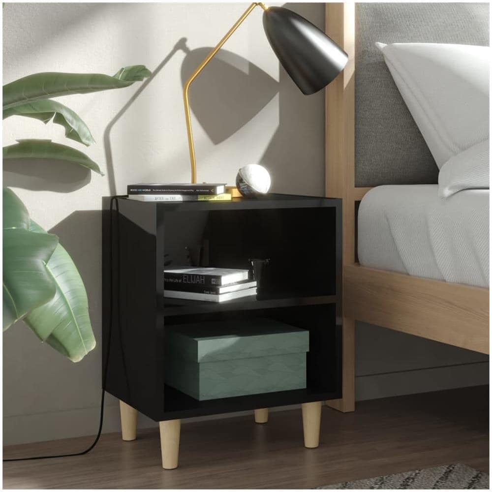 Comodino con Gambe in Legno Massello Nero Lucido 40x30x50 cm - Foto 1