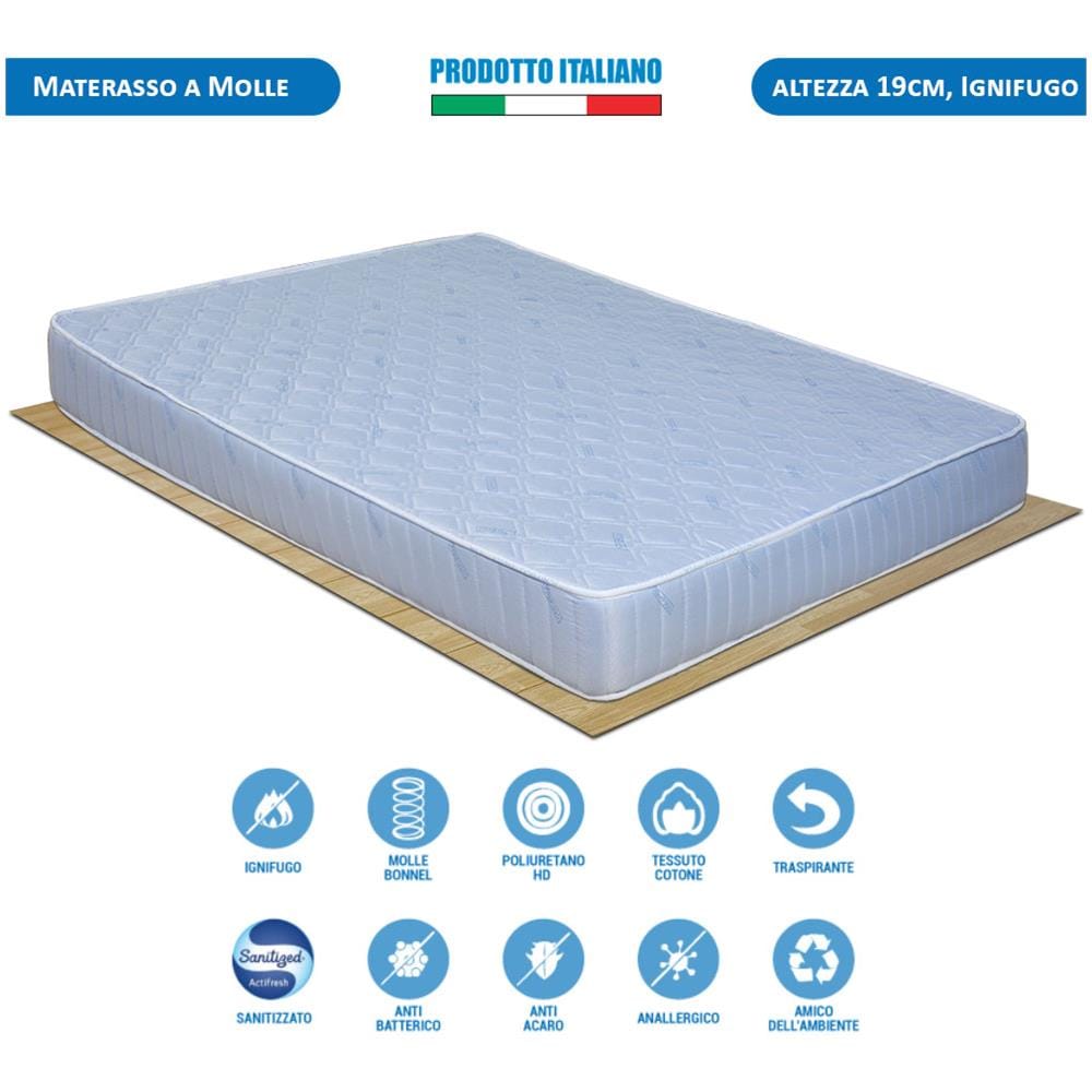 Materasso Ignifugo Classe 1im Piazza E Mezza A Molle Bonnel 120x190 Alto 19 Cm, Antifiamma E Autoestinguente Adatto Anche Per B&b E Hotel - Foto 1
