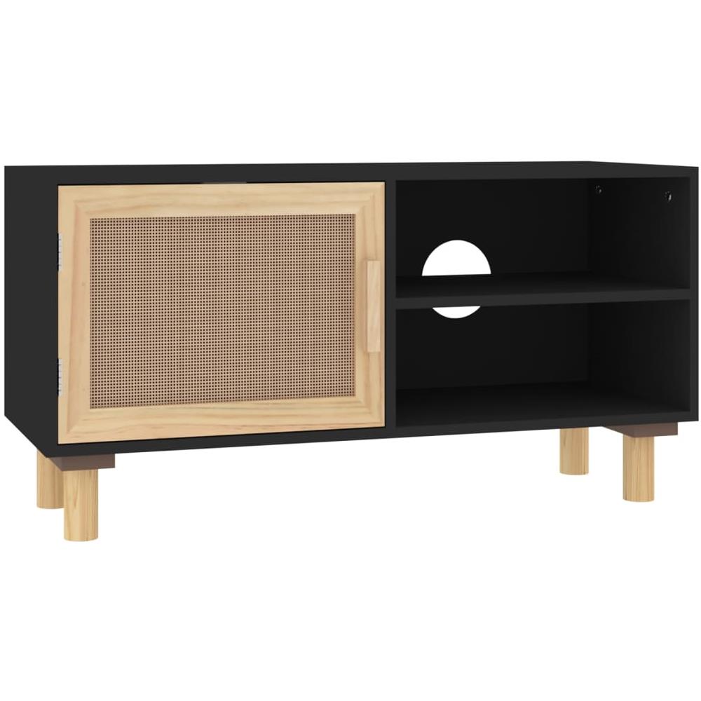 Mobile Tv Nero 80x30x40 Cm Massello Pino E Rattan Naturale - Foto 2