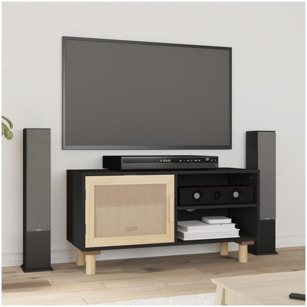 Mobile Tv Nero 80x30x40 Cm Massello Pino E Rattan Naturale - Foto 1