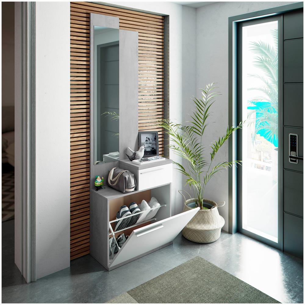 Mobile Da Ingresso Waltham, Scarpiera Multifunzione Con Specchio, Armadio A 1 Anta E 1 Cassetto, 61x28h185 Cm, Cemento E Bianco Lucido - Foto 1
