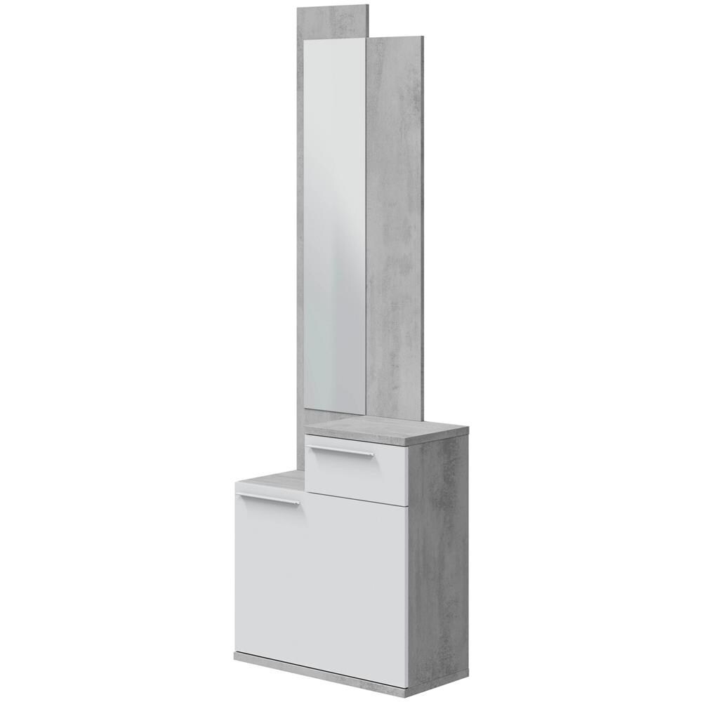 Mobile Da Ingresso Waltham, Scarpiera Multifunzione Con Specchio, Armadio A 1 Anta E 1 Cassetto, 61x28h185 Cm, Cemento E Bianco Lucido - Foto 2