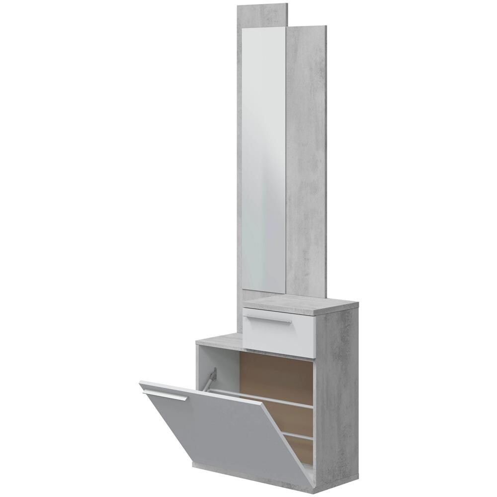 Mobile Da Ingresso Waltham, Scarpiera Multifunzione Con Specchio, Armadio A 1 Anta E 1 Cassetto, 61x28h185 Cm, Cemento E Bianco Lucido - Foto 4