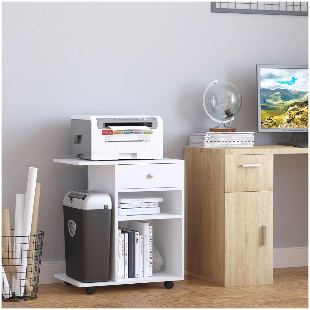 Mobiletto per Stampante in Legno con 4 Ruote, Mensola Regolabile e Piano per CPU, Bianco - Foto 2