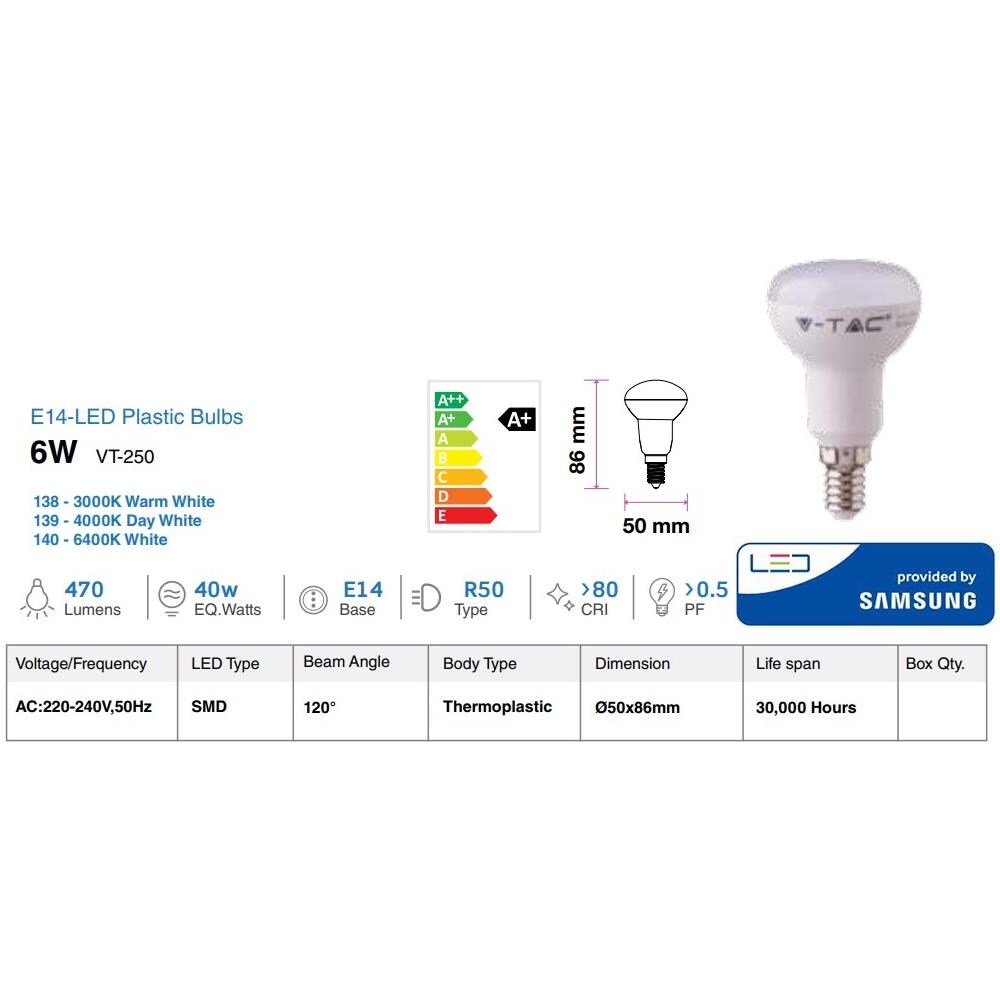Lampadine Led E14 6w R50 Samsung Reflector Luce Fredda 6400k V Tac Vt-250 140 - Foto 2