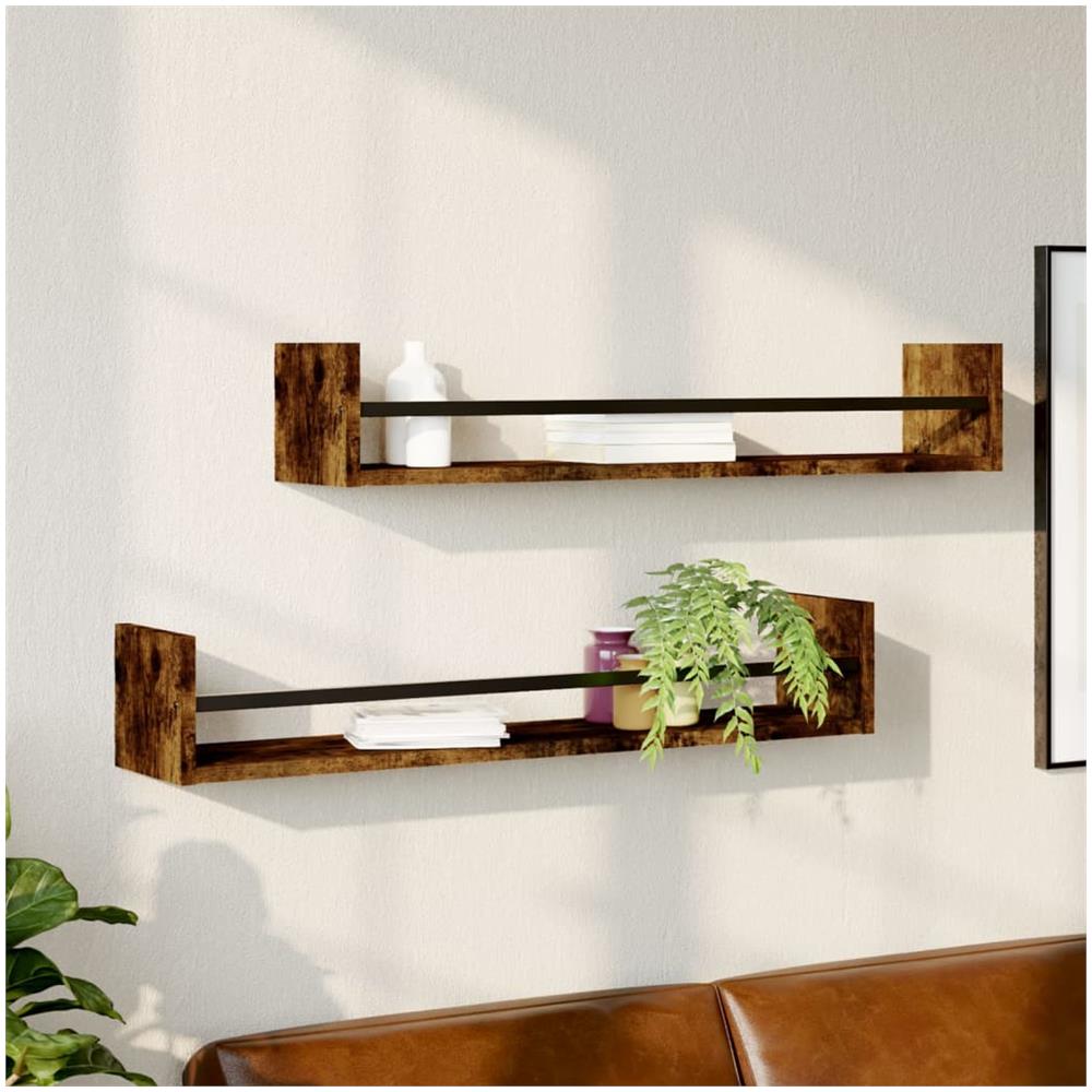 Mensole A Parete Con Aste 2pz Rovere Fumo 80x16x14 Cm - Foto 1