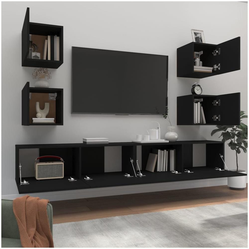 Set Mobili Porta Tv 6 Pz Nero In Legno Multistrato - Foto 3