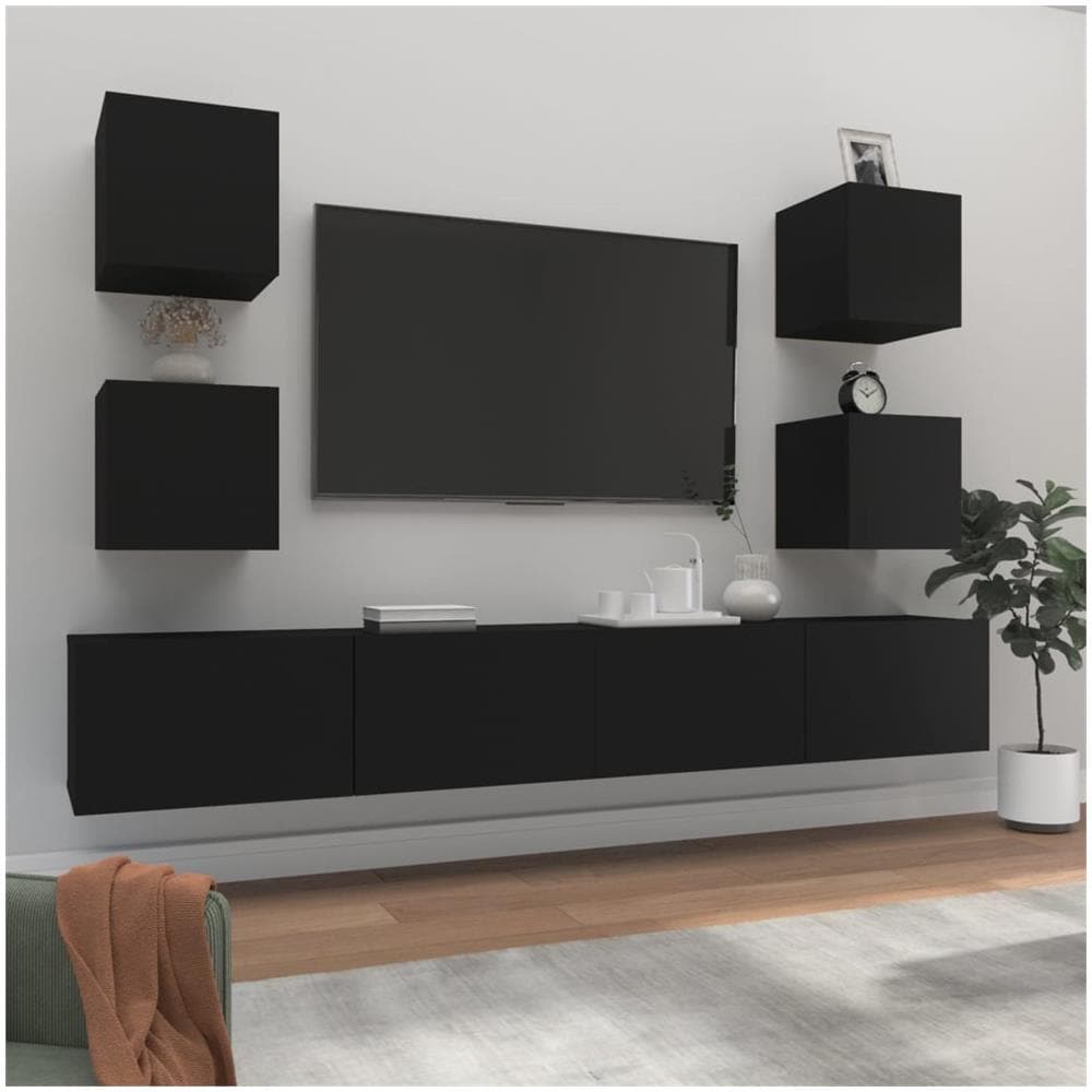 Set Mobili Porta Tv 6 Pz Nero In Legno Multistrato - Foto 1