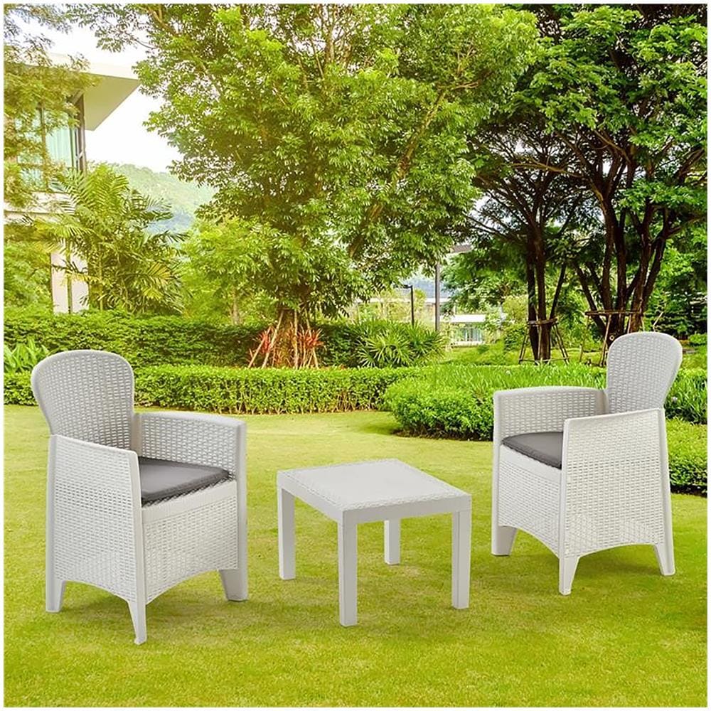 Set Salotto Da Esterno Foggia, Set Da Giardino Con 2 Poltrone Ed 1 Tavolino, Salottino Effetto Rattan Con Cuscini, 100% Made In Italy, Bianco - Foto 1