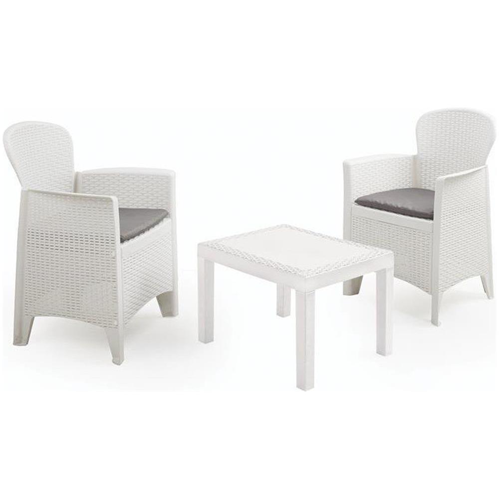 Set Salotto Da Esterno Foggia, Set Da Giardino Con 2 Poltrone Ed 1 Tavolino, Salottino Effetto Rattan Con Cuscini, 100% Made In Italy, Bianco - Foto 2