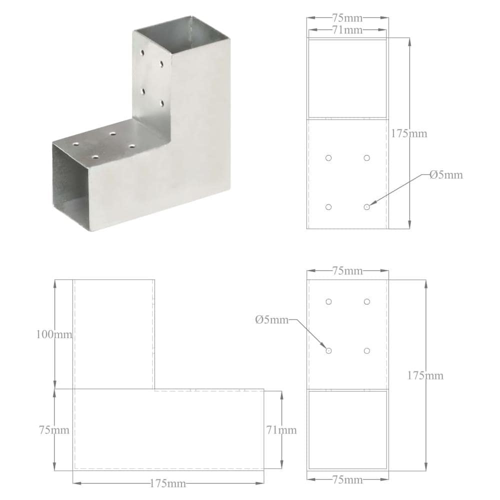 Connettori Per Pali A Forma Di L 4 Pz Metallo Zincato 71x71 Mm - Foto 8