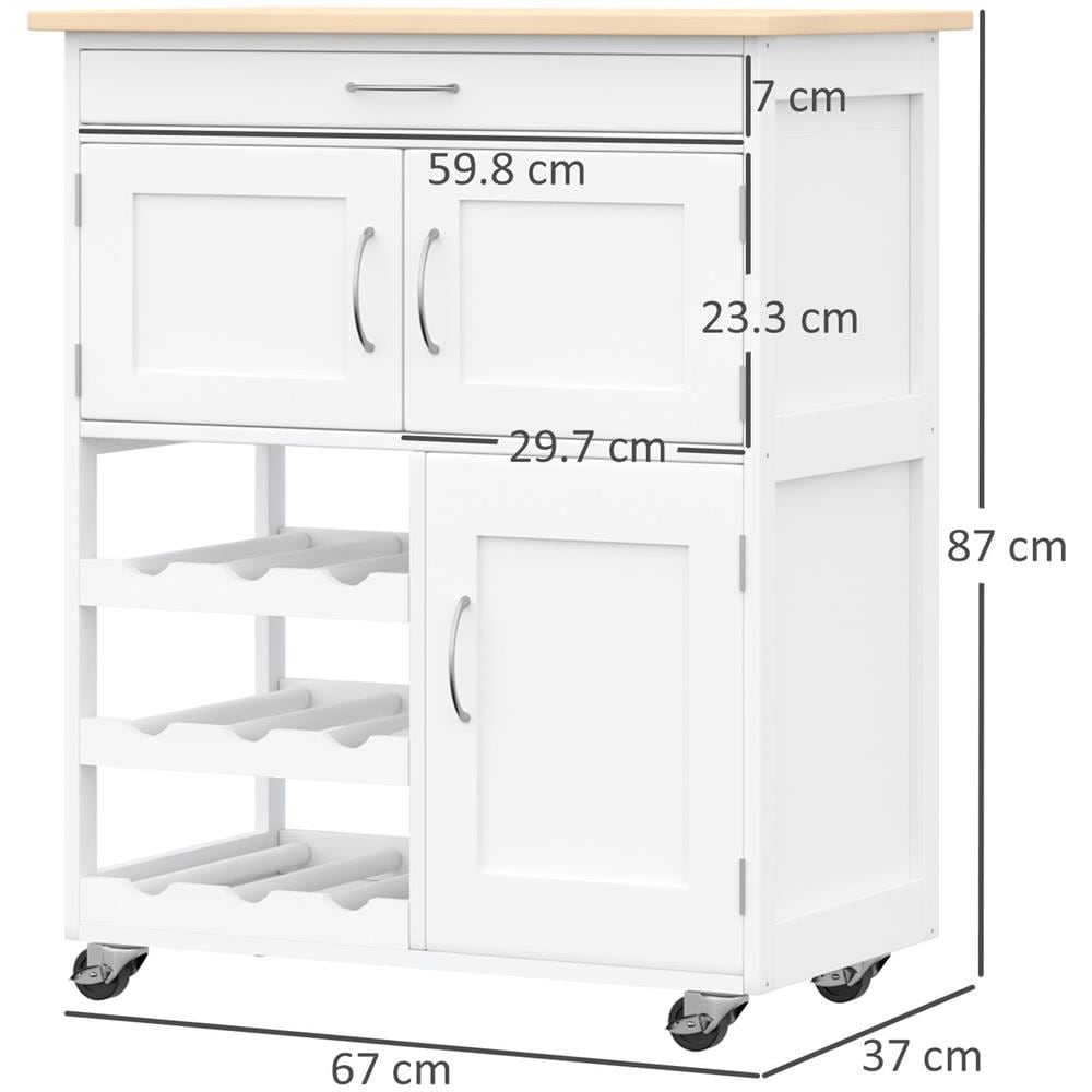 Carrello Portavivande, Carrellino Per Cucina In Legno Bianco Con Portabottiglie 1 Cassetto E 3 Antine, 67x37x87cm - Foto 2