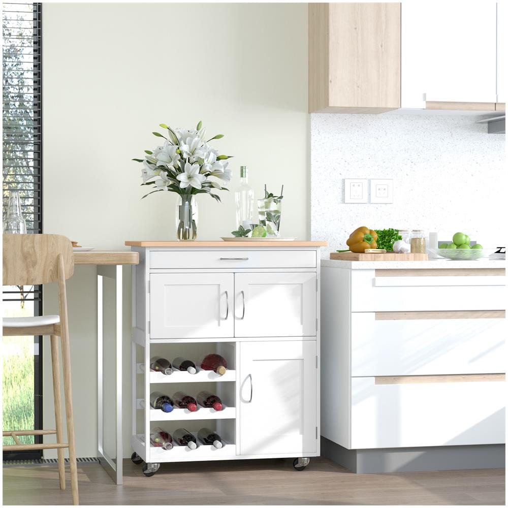 Carrello Portavivande, Carrellino Per Cucina In Legno Bianco Con Portabottiglie 1 Cassetto E 3 Antine, 67x37x87cm - Foto 3