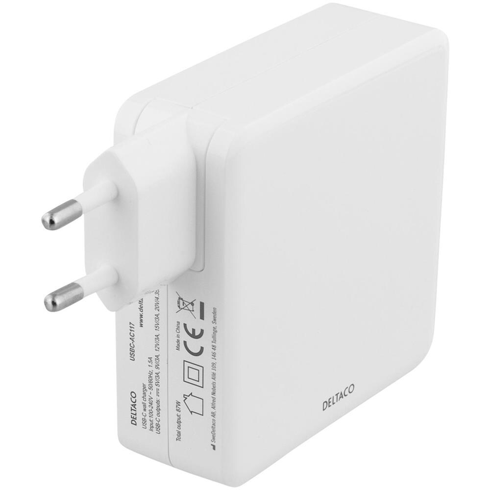 Adattatore Ca Usb-c Deltaco Da 87 W, Ricarica Rapida, Usb-c Pd, Bianco - Foto 2