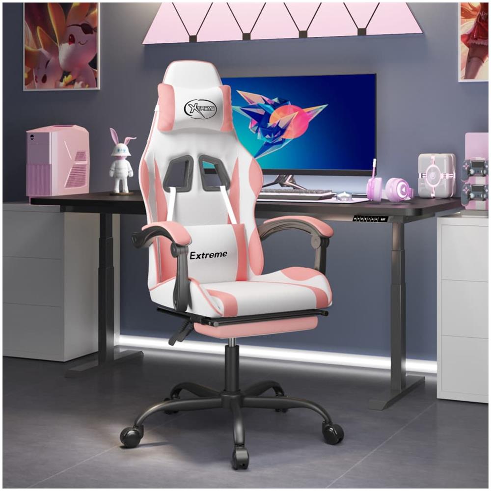 Sedia Da Gaming Con Poggiapiedi Bianco E Rosa In Similpelle - Foto 1