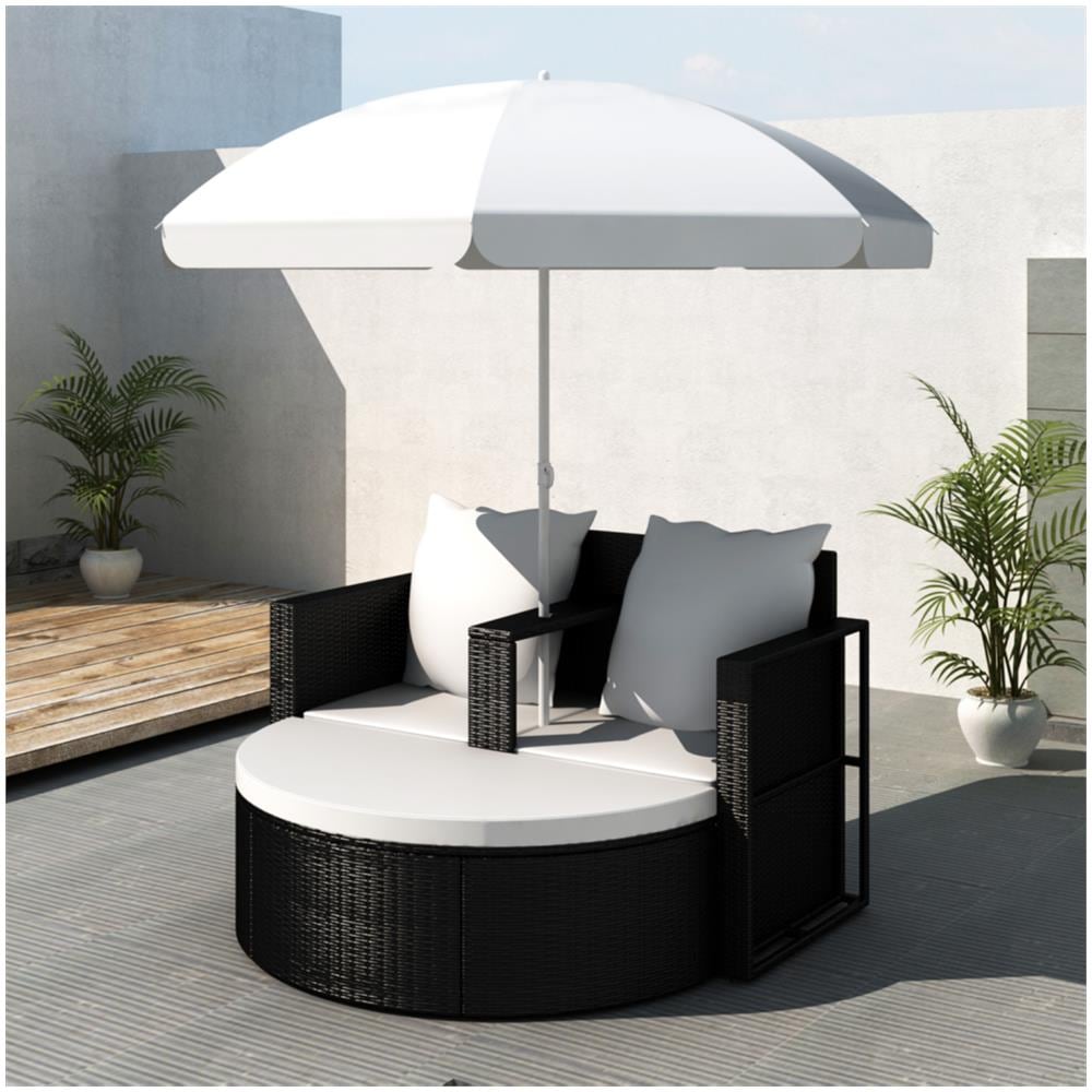 Lettino da Giardino con Ombrellone Nero in Polyrattan - Foto 1