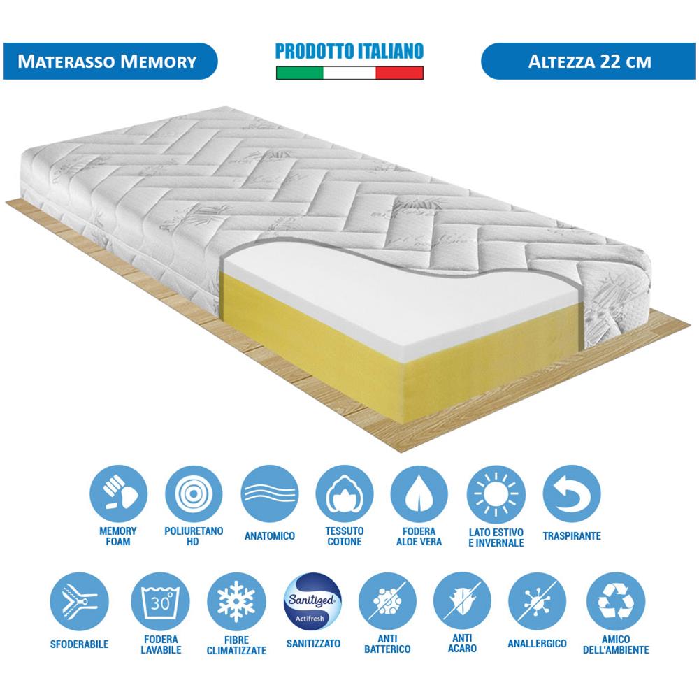 Materasso In Memory Con Fodera Aloe Vera, Traspirante E Sfoderabile Alto 22 Cm Per Letto Singolo 80x190 - Foto 1