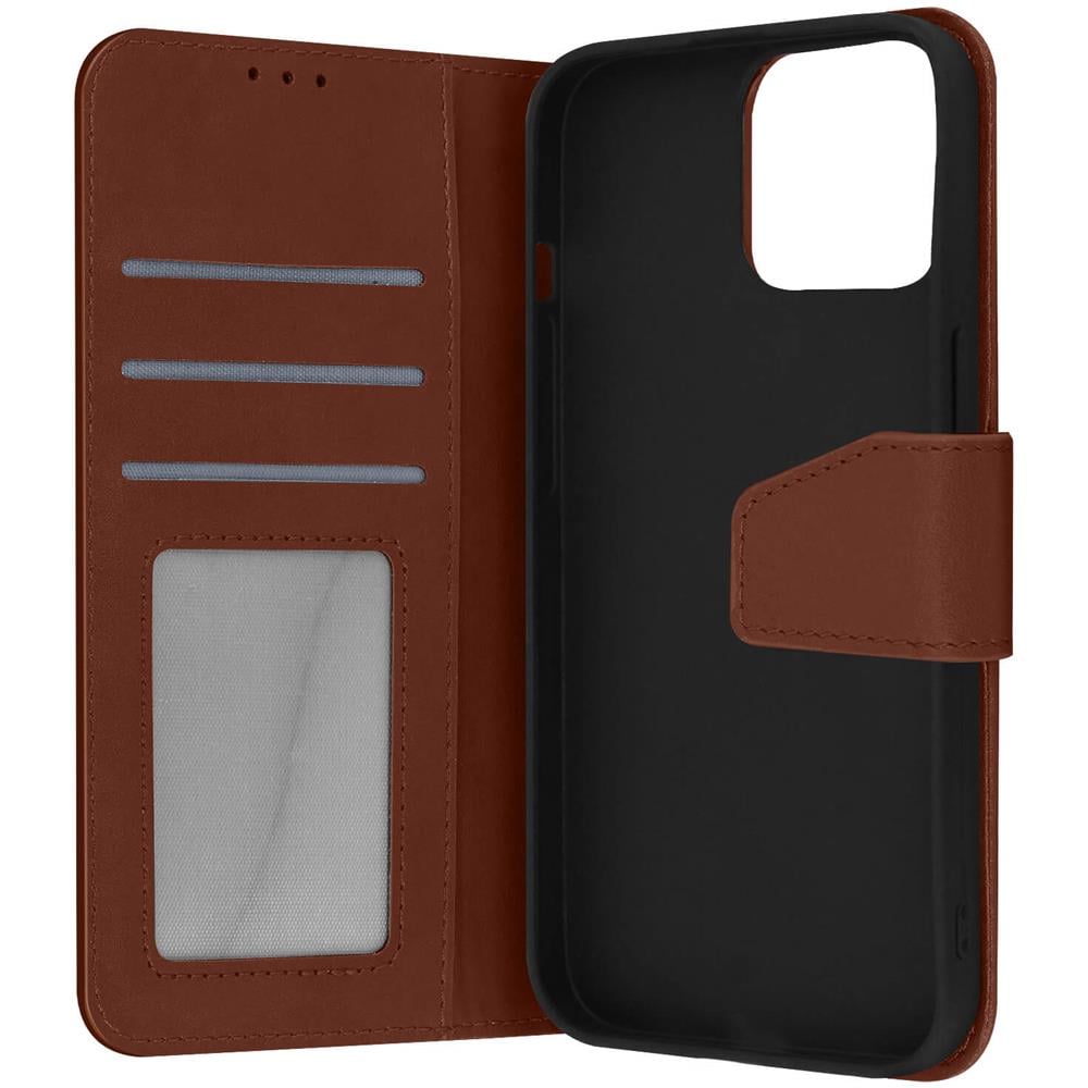 Custodia Vera Pelle Per Iphone 13 Pro Max Portacarte E Supporto Video Marrone - Foto 1